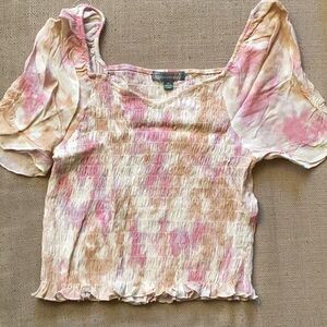 SHORT SLEEVE OFF THE SHOULDER SOFT PINK, CREAM, AND TAN CROP TOP